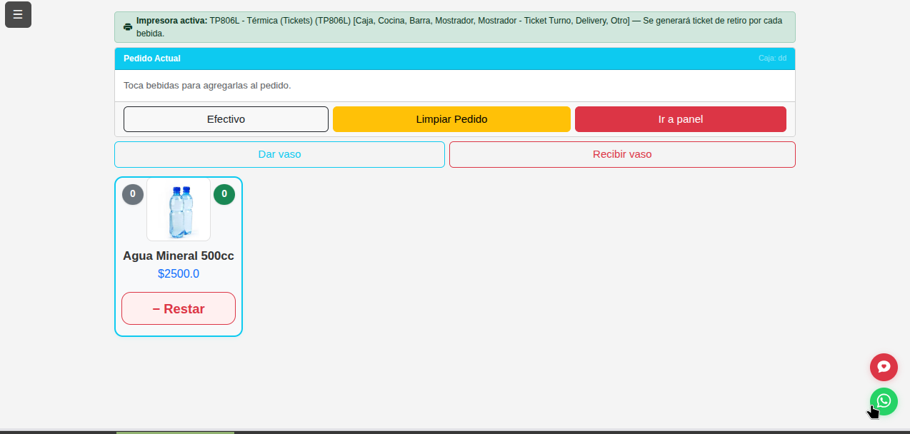 Vista del panel de barra de HivePOS - comandas para bar