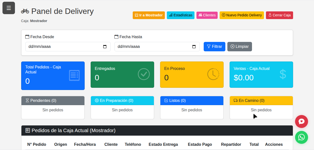 Vista del panel de delivery de HivePOS - control de pedidos a domicilio
