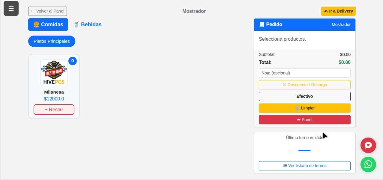 Vista del panel de mostrador de HivePOS - ventas rápidas